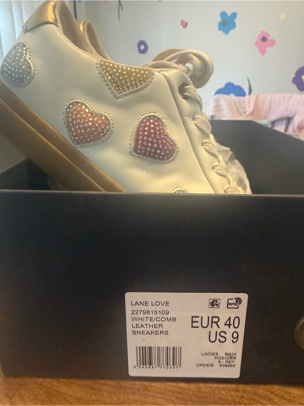 Kurt Geiger White Leather Sneakers with Pink, Gold & Silver Crystal Hearts